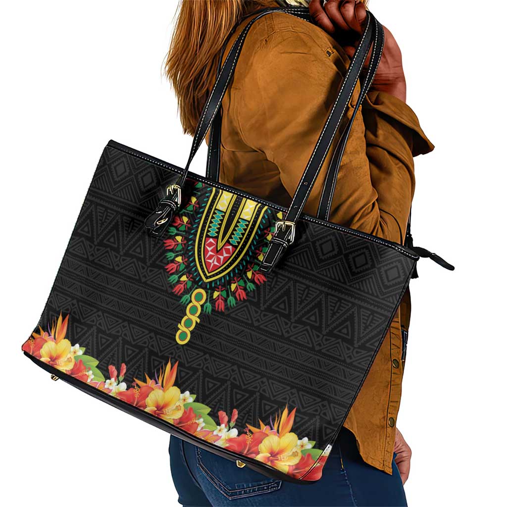 Personalized Afro Hibiscus Tropical Leather Tote Bag Dashiki African Pattern - African Pride