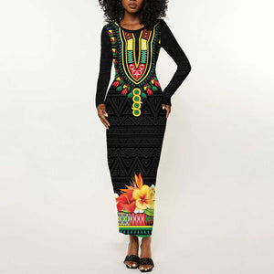 Personalized Afro Hibiscus Tropical Long Sleeve Bodycon Dress Dashiki African Pattern - African Pride