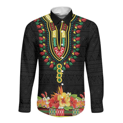 Personalized Afro Hibiscus Tropical Long Sleeve Button Shirt Dashiki African Pattern - African Pride
