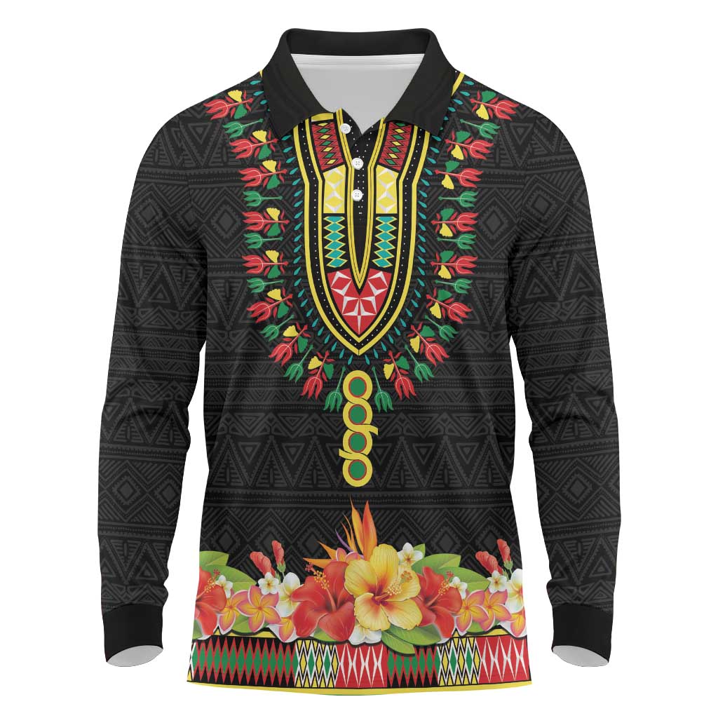 Personalized Afro Hibiscus Tropical Long Sleeve Polo Shirt Dashiki African Pattern - African Pride