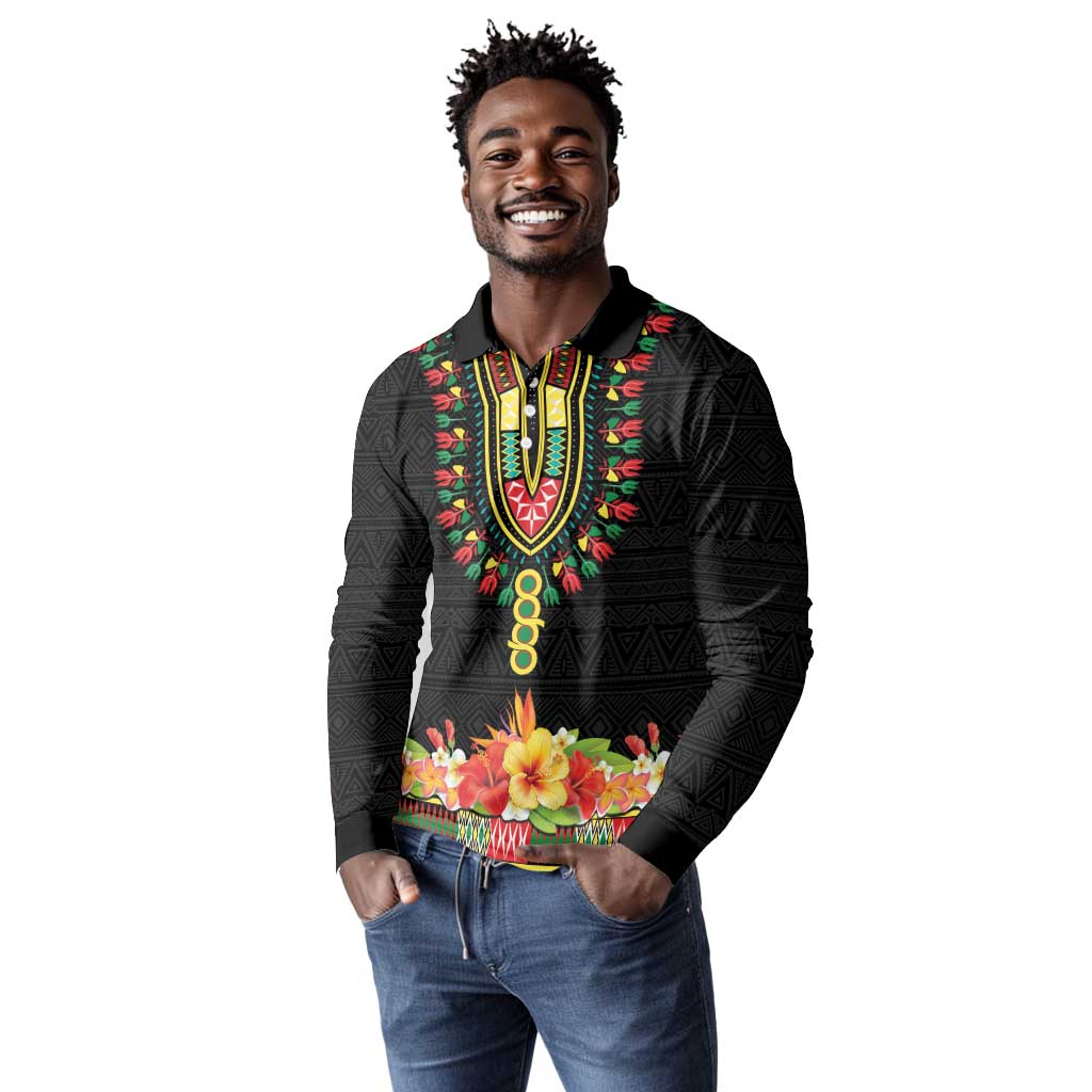 Personalized Afro Hibiscus Tropical Long Sleeve Polo Shirt Dashiki African Pattern - African Pride