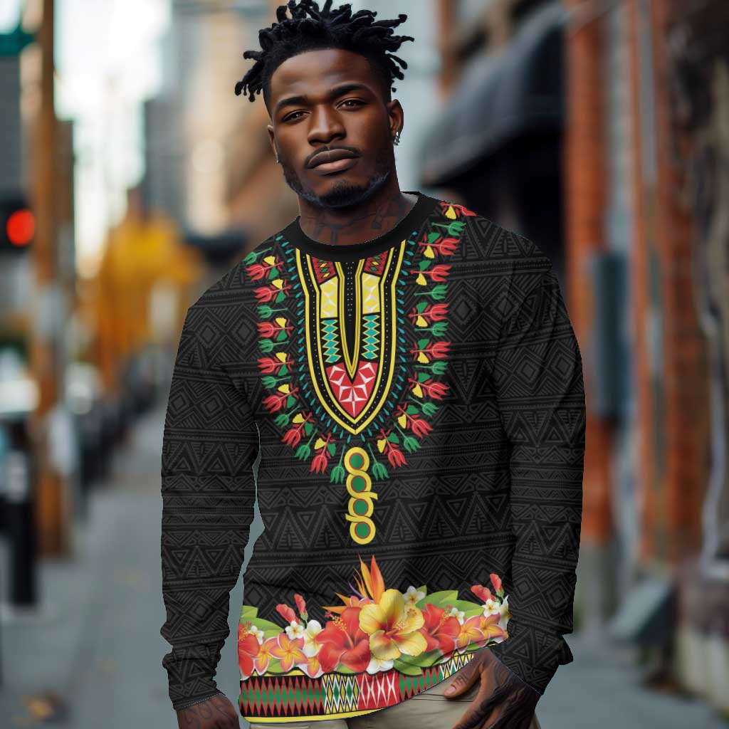 Personalized Afro Hibiscus Tropical Long Sleeve Shirt Dashiki African Pattern - African Pride