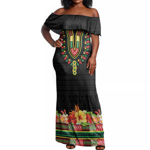 Personalized Afro Hibiscus Tropical Off Shoulder Maxi Dress Dashiki African Pattern - African Pride