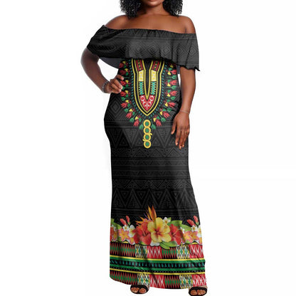 Personalized Afro Hibiscus Tropical Off Shoulder Maxi Dress Dashiki African Pattern - African Pride