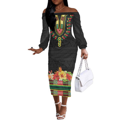 Personalized Afro Hibiscus Tropical Off The Shoulder Long Sleeve Dress Dashiki African Pattern - African Pride