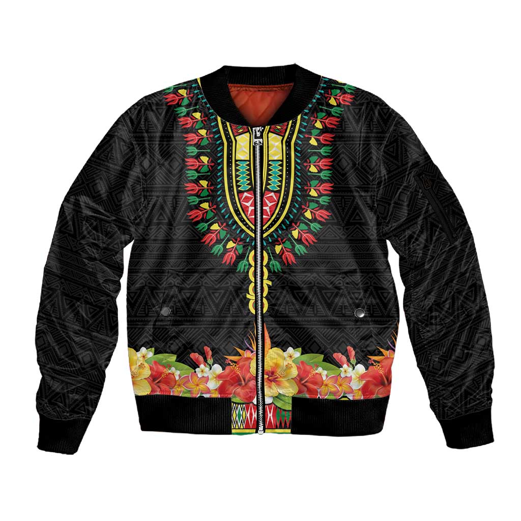Personalized Afro Hibiscus Tropical Sleeve Zip Bomber Jacket Dashiki African Pattern - African Pride