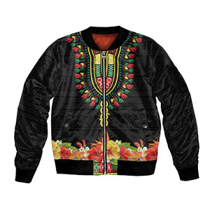 Personalized Afro Hibiscus Tropical Sleeve Zip Bomber Jacket Dashiki African Pattern - African Pride
