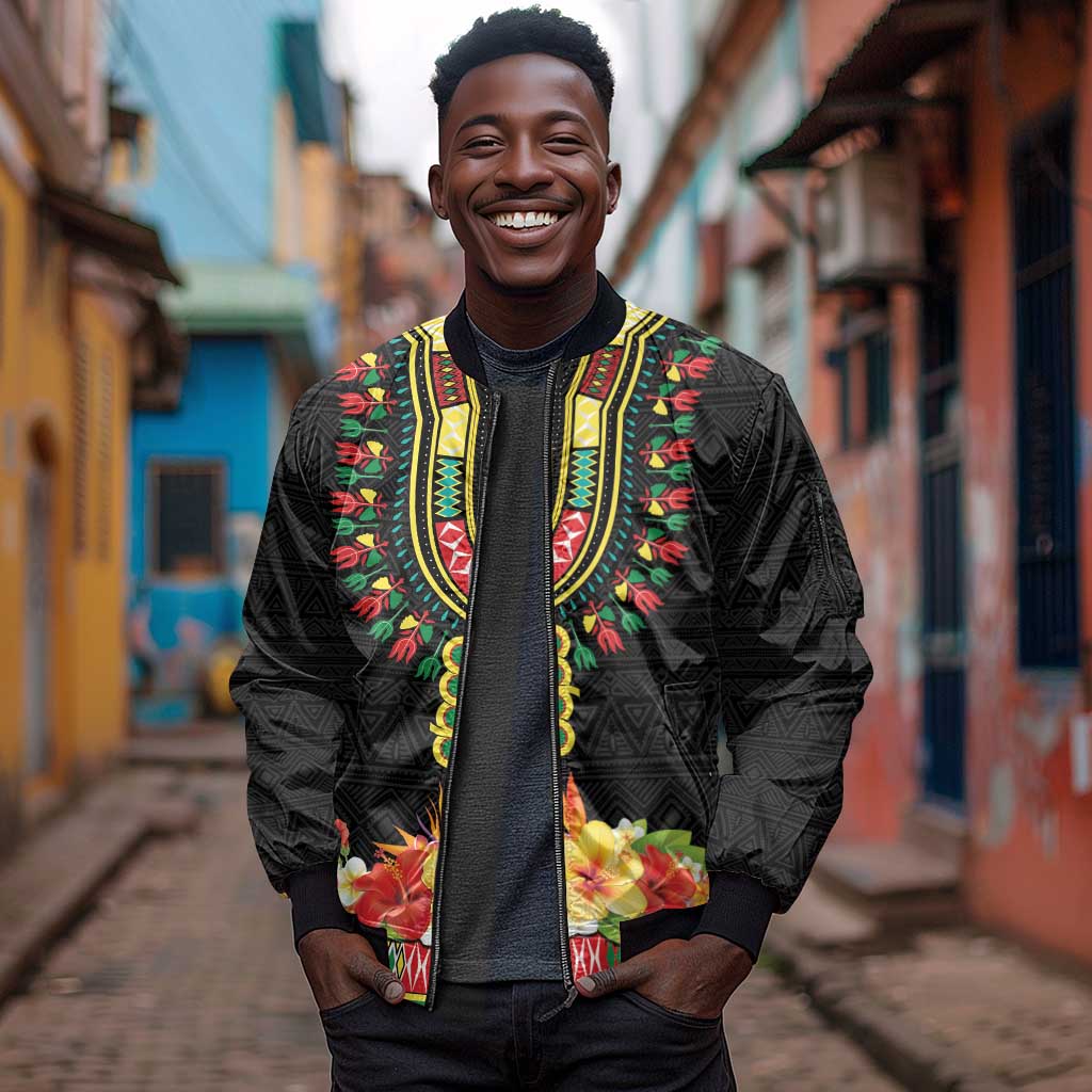 Personalized Afro Hibiscus Tropical Sleeve Zip Bomber Jacket Dashiki African Pattern - African Pride