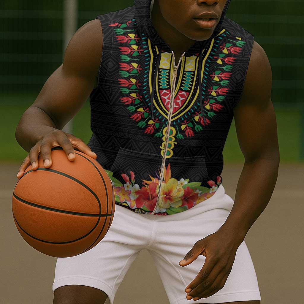 Personalized Afro Hibiscus Tropical Sleeveless Zip Hoodie Dashiki African Pattern - African Pride
