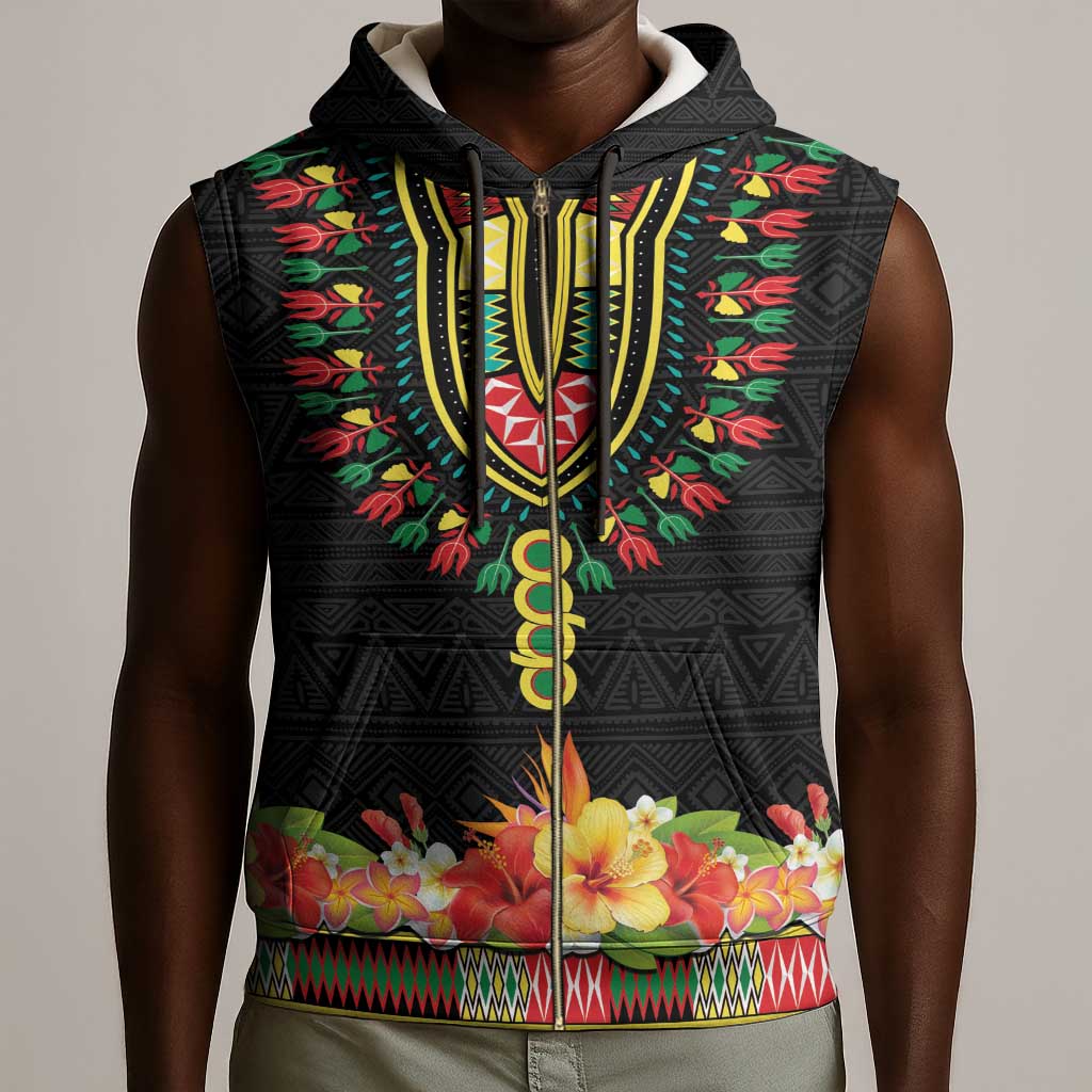 Personalized Afro Hibiscus Tropical Sleeveless Zip Hoodie Dashiki African Pattern - African Pride