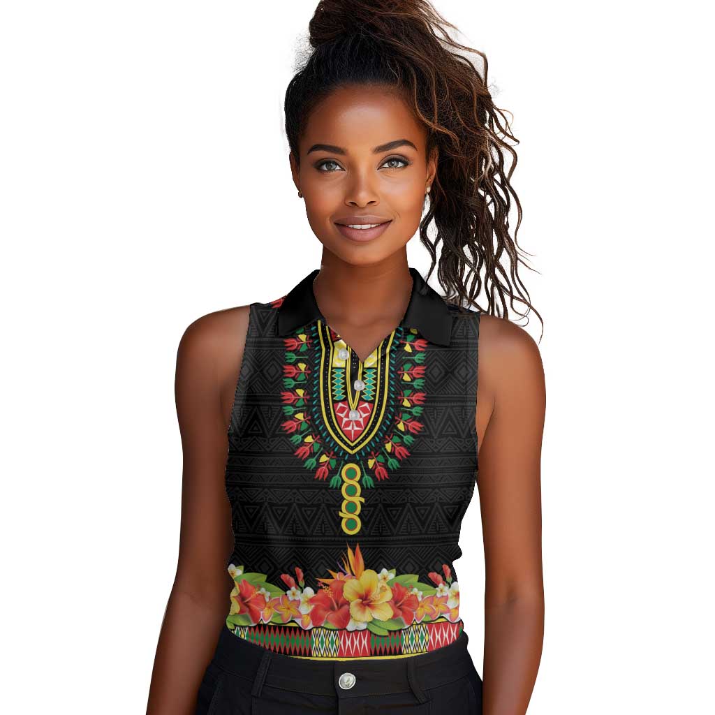 Personalized Afro Hibiscus Tropical Women Sleeveless Polo Shirt Dashiki African Pattern - African Pride