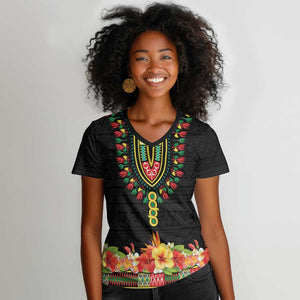Personalized Afro Hibiscus Tropical Women V-Neck T-Shirt Dashiki African Pattern - African Pride