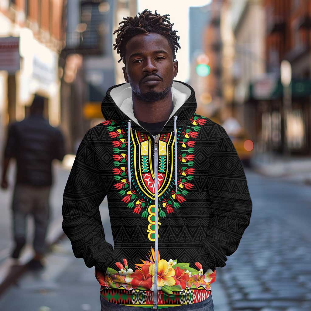 Personalized Afro Hibiscus Tropical Zip Hoodie Dashiki African Pattern - African Pride