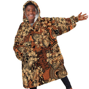 Afro Hibiscus Tropical Kid Wearable Blanket Hoodie African Pattern - African Pride