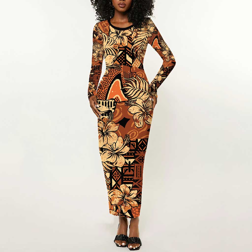 Afro Hibiscus Tropical Long Sleeve Bodycon Dress African Pattern - African Pride