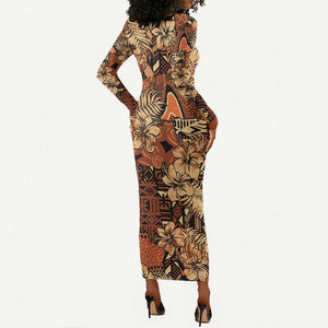 Afro Hibiscus Tropical Long Sleeve Bodycon Dress African Pattern - African Pride