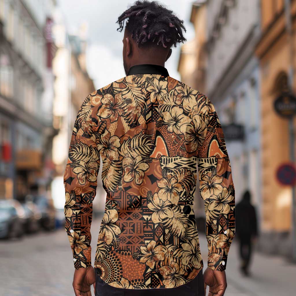 Afro Hibiscus Tropical Long Sleeve Button Shirt African Pattern - African Pride