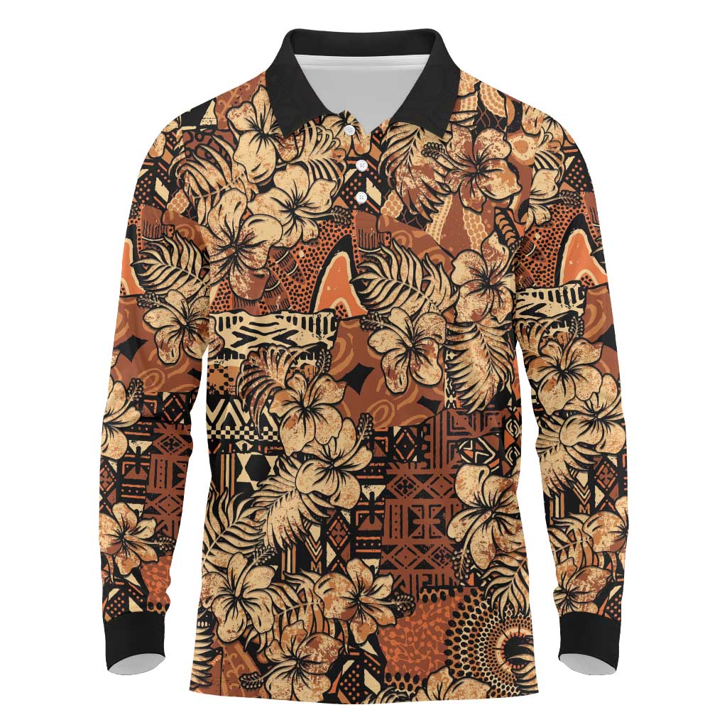 Afro Hibiscus Tropical Long Sleeve Polo Shirt African Pattern - African Pride