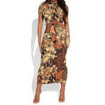 Afro Hibiscus Tropical Short Sleeve Bodycon Dress African Pattern - African Pride