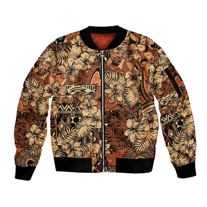 Afro Hibiscus Tropical Sleeve Zip Bomber Jacket African Pattern - African Pride