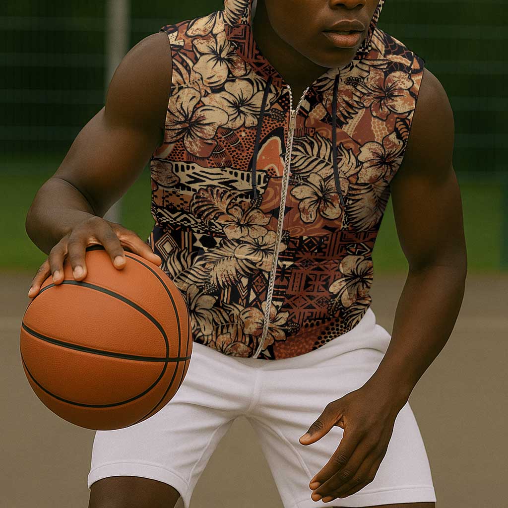Afro Hibiscus Tropical Sleeveless Zip Hoodie African Pattern - African Pride