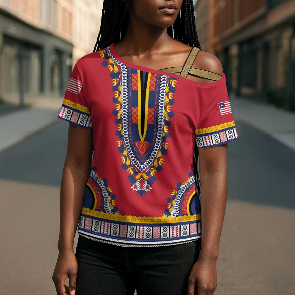 Personalized Liberia Dashiki Cross Shoulder Shirt Red Color
