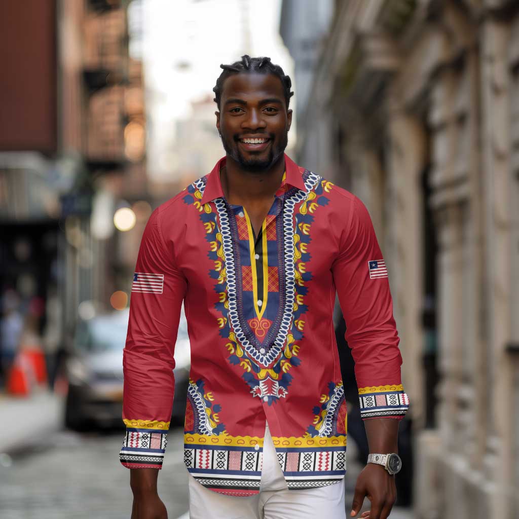 Personalized Liberia Red Dashiki Long Sleeve Button Shirt - African Pride