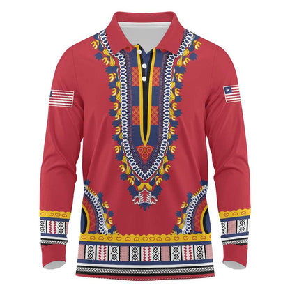 Personalized Liberia Red Dashiki Long Sleeve Polo Shirt - African Pride