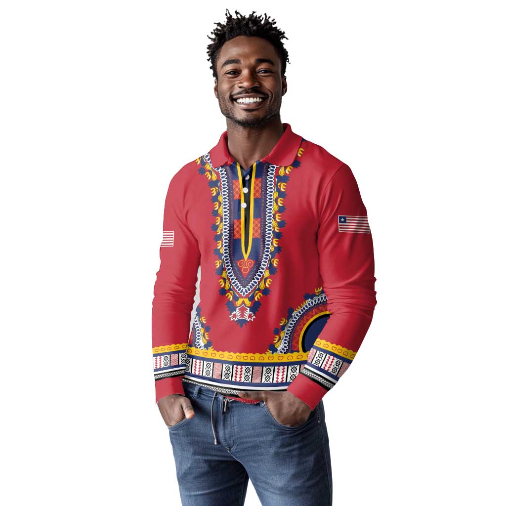 Personalized Liberia Red Dashiki Long Sleeve Polo Shirt - African Pride