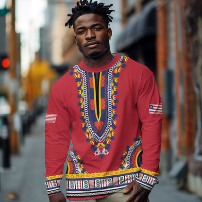 Personalized Liberia Red Dashiki Long Sleeve Shirt - African Pride