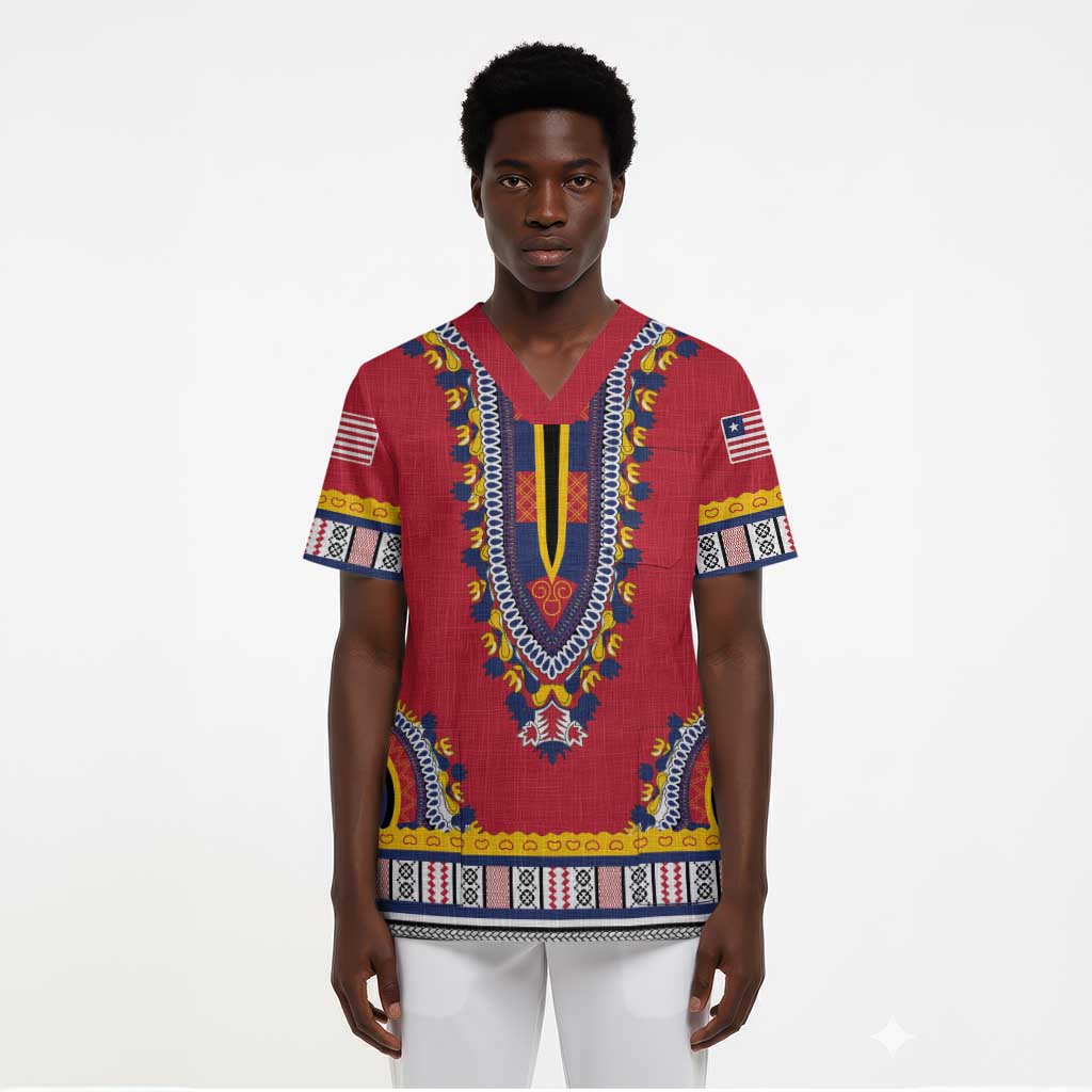 Personalized Liberia Dashiki Scrub Top Red Color - African Pride