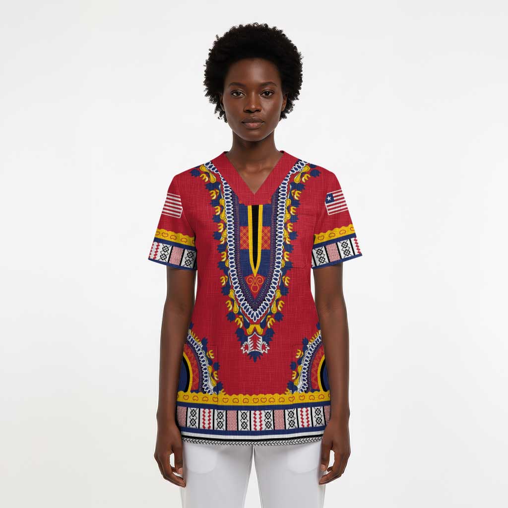 Personalized Liberia Dashiki Scrub Top Red Color - African Pride