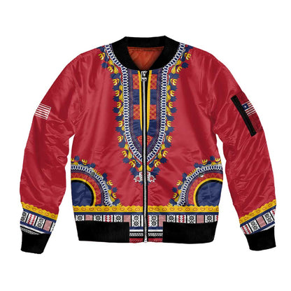 Personalized Liberia Red Dashiki Sleeve Zip Bomber Jacket - African Pride