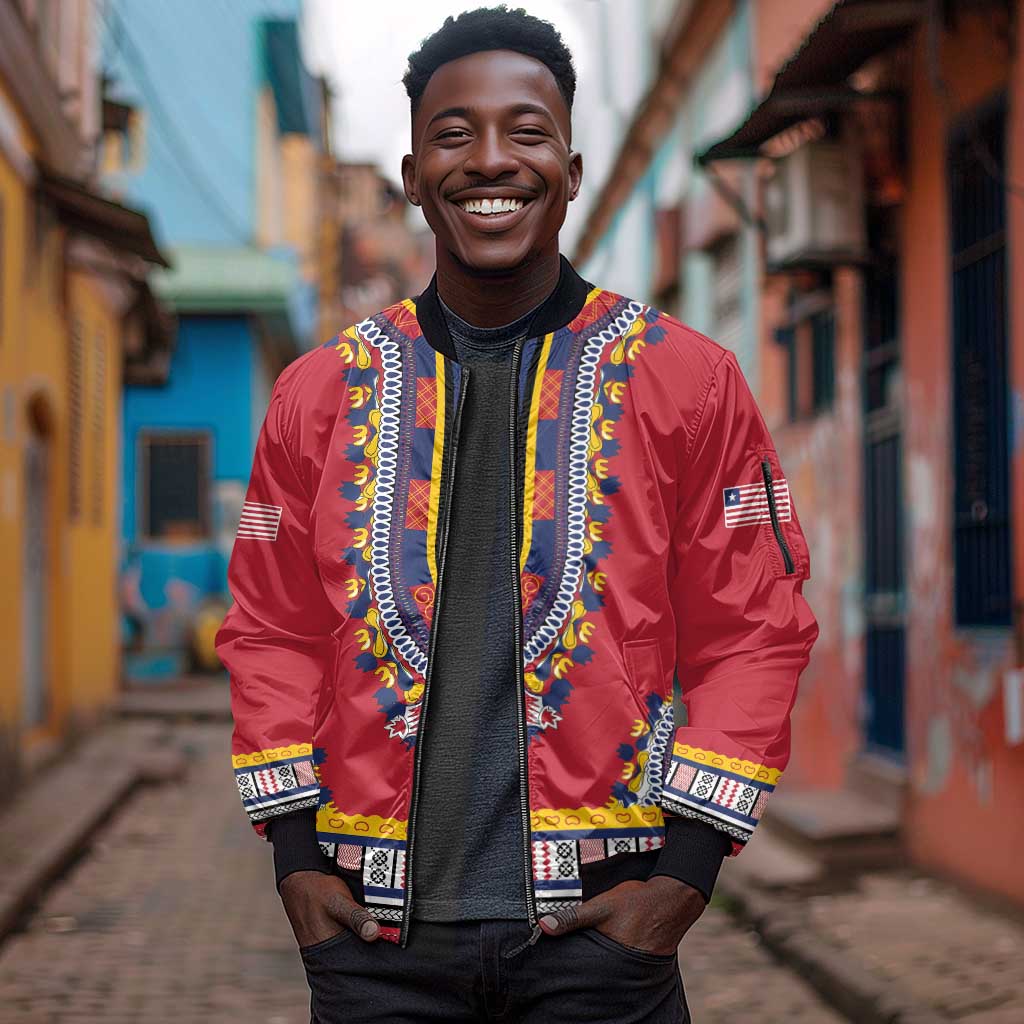 Personalized Liberia Red Dashiki Sleeve Zip Bomber Jacket - African Pride