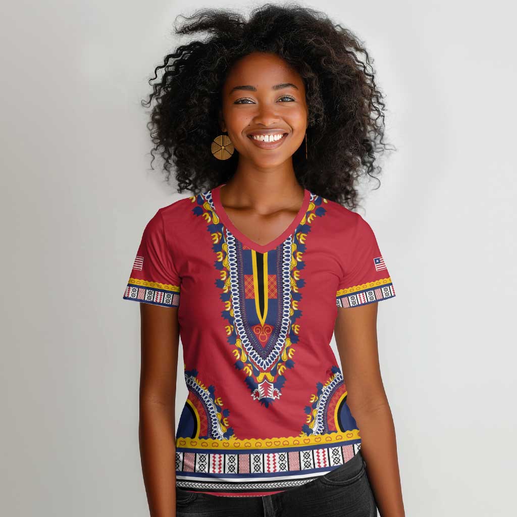 Personalized Liberia Red Dashiki Women V-Neck T-Shirt - African Pride
