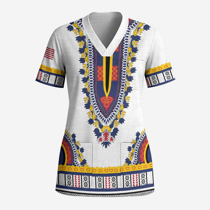Personalized Liberia Dashiki Scrub Top White Color - African Pride