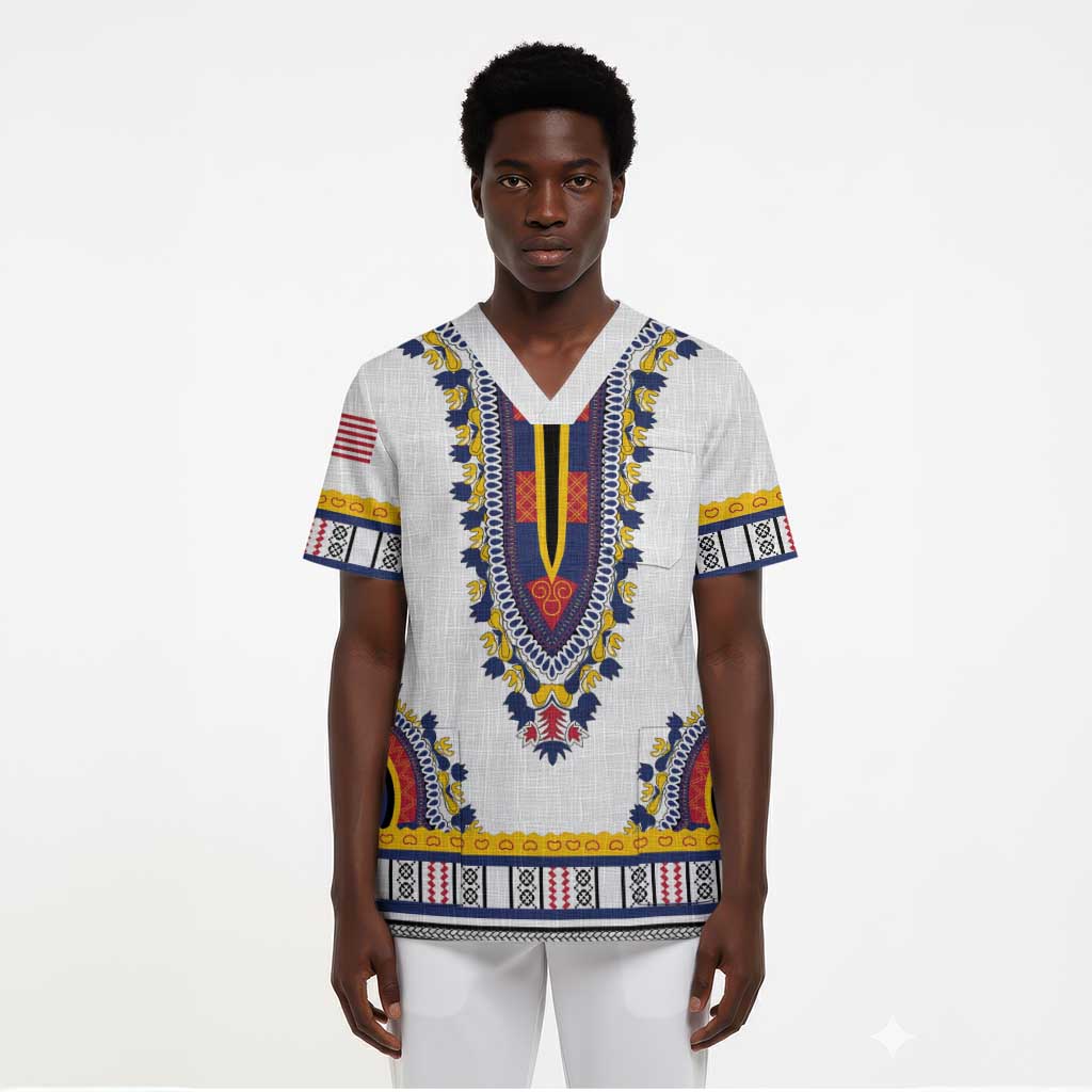 Personalized Liberia Dashiki Scrub Top White Color - African Pride