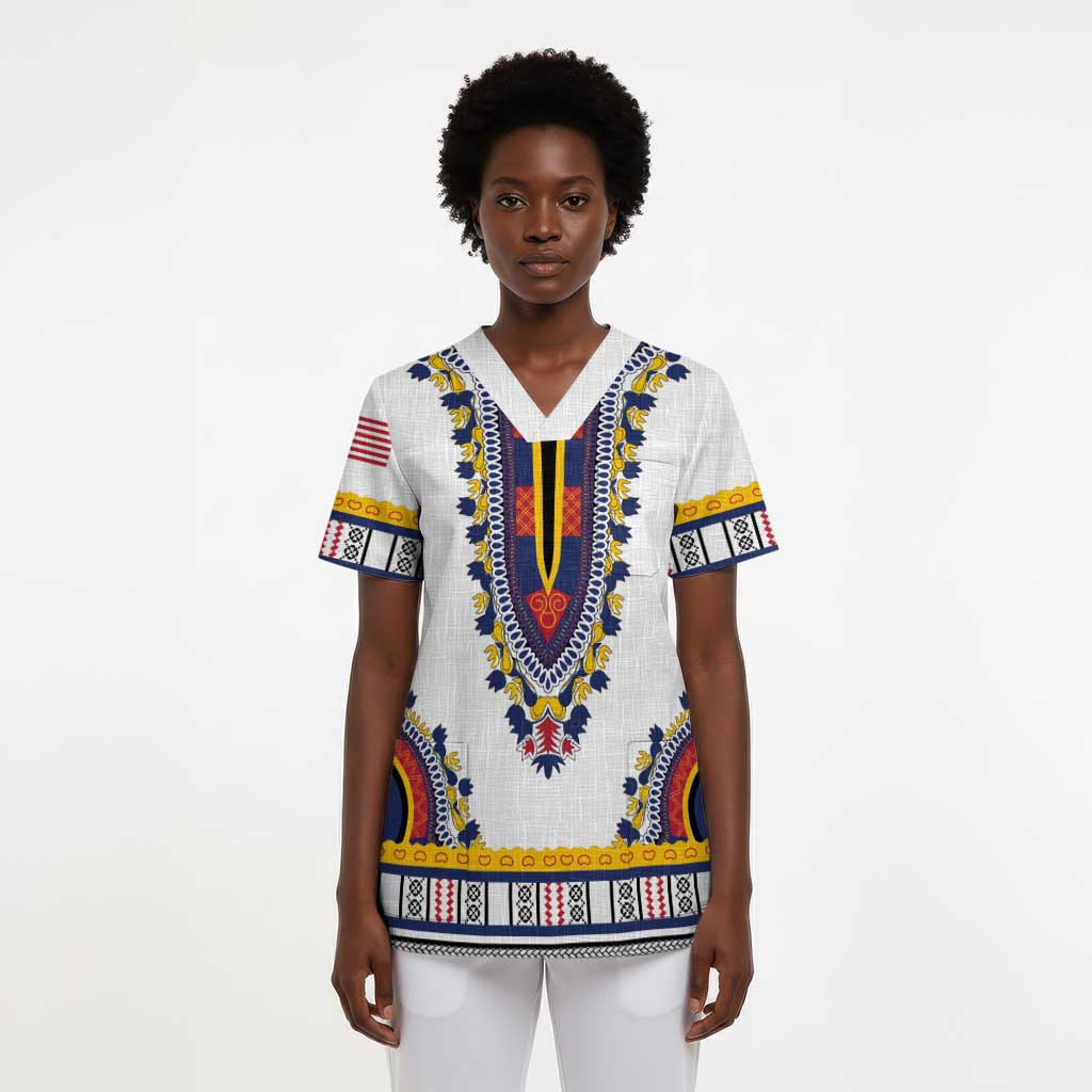 Personalized Liberia Dashiki Scrub Top White Color - African Pride