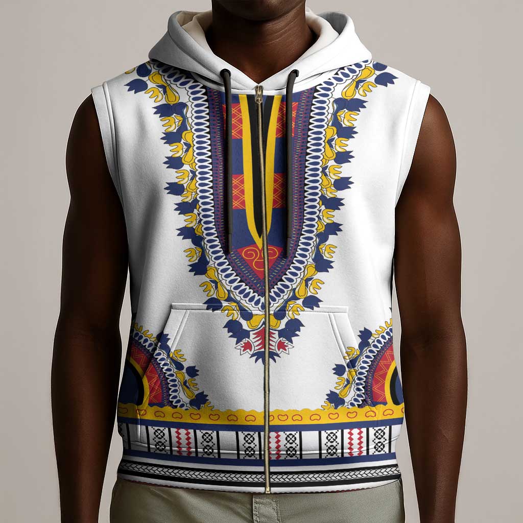 Personalized Liberia White Dashiki Sleeveless Zip Hoodie - African Pride