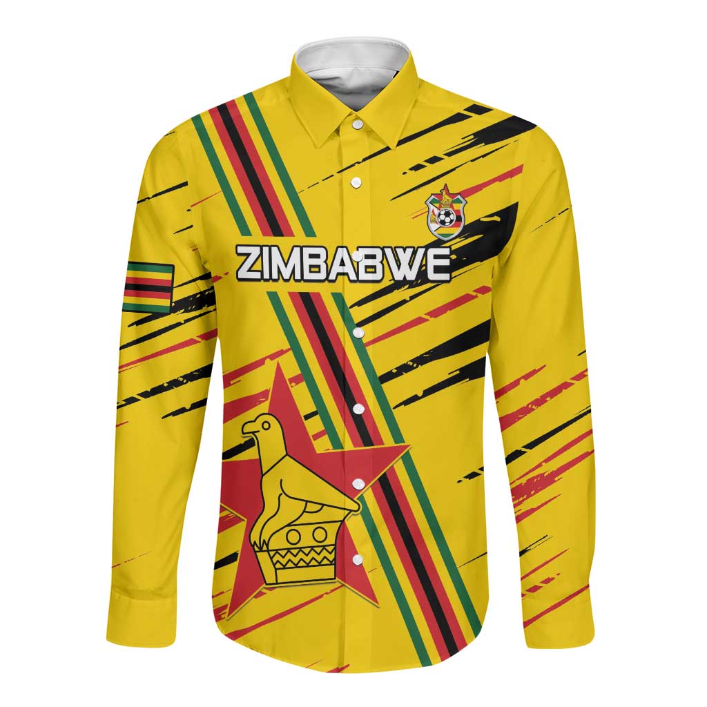 Custom Zimbabwe Football Long Sleeve Button Shirt Grunge Style