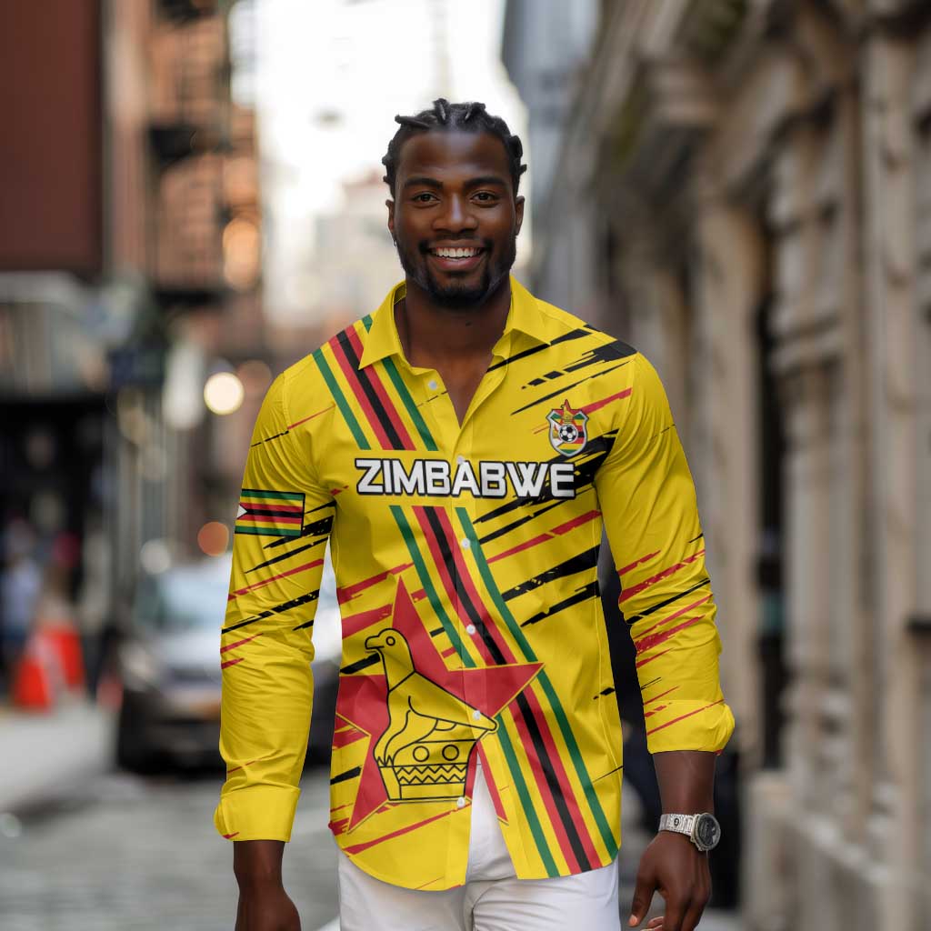 Custom Zimbabwe Football Long Sleeve Button Shirt Grunge Style