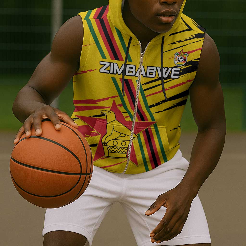 Custom Zimbabwe Football Sleeveless Zip Hoodie Grunge Style - African Pride