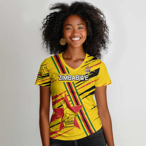 Custom Zimbabwe Football Women V-Neck T-Shirt Grunge Style