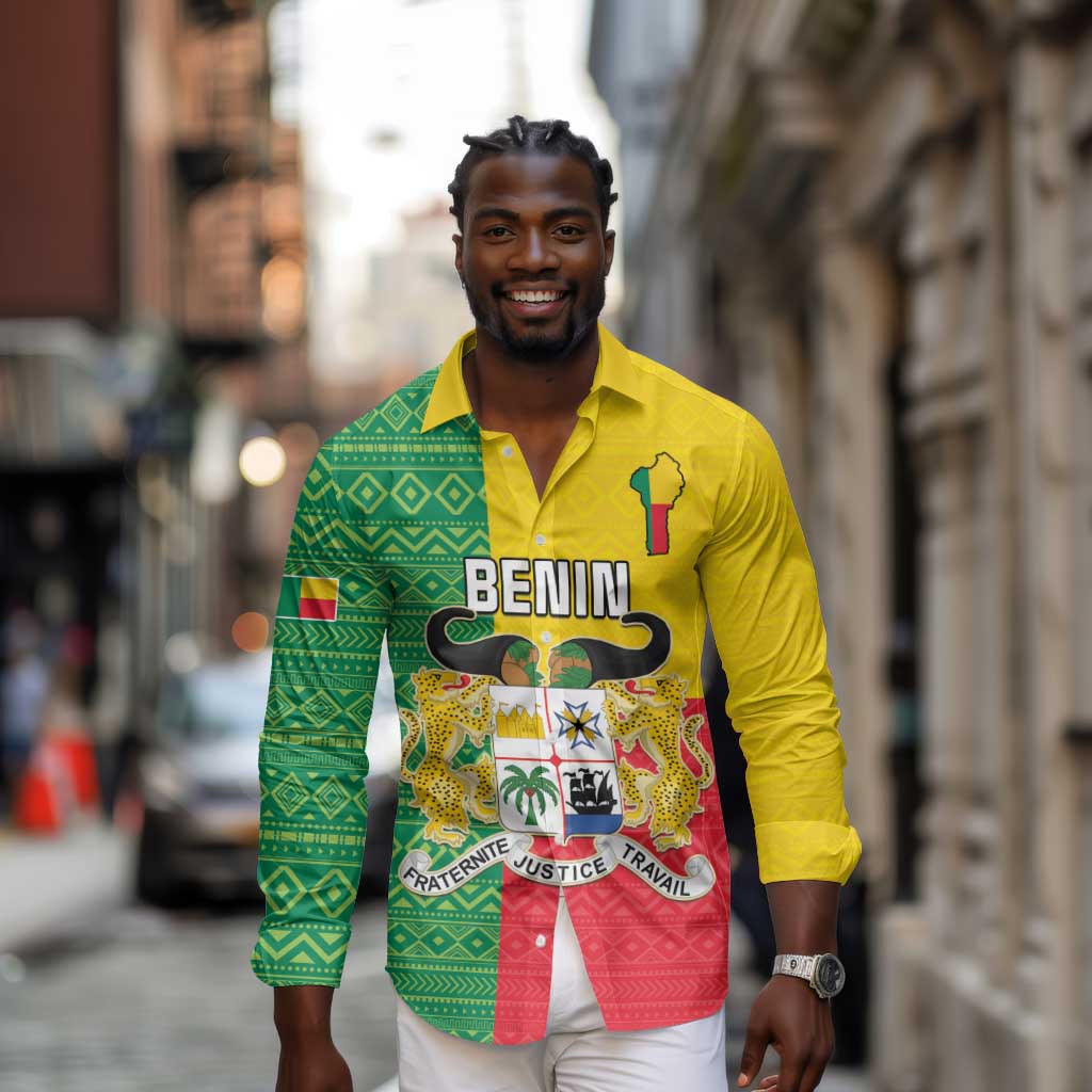 Personalised Afro Benin Long Sleeve Button Shirt Flag Style - African Pattern