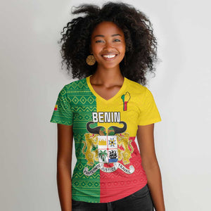 Personalised Afro Benin Women V-Neck T-Shirt Flag Style - African Pattern