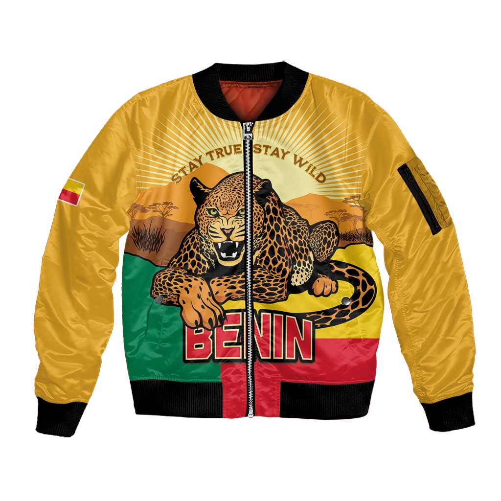 Personalised Afro Benin Leopard Sleeve Zip Bomber Jacket Stay True - Stay Wild
