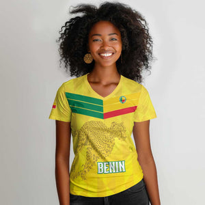 Custom Benin Football Women V-Neck T-Shirt Go Les Guepards