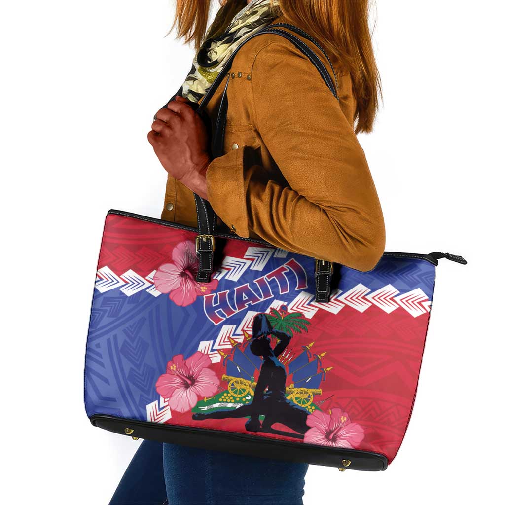 Haiti Neg Maron Leather Tote Bag Coat Of Arms - Hisbicus Polynesian