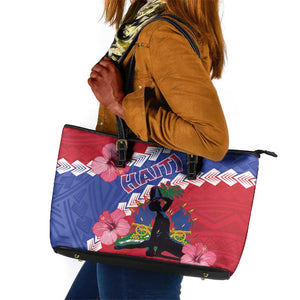 Haiti Neg Maron Leather Tote Bag Coat Of Arms - Hisbicus Polynesian