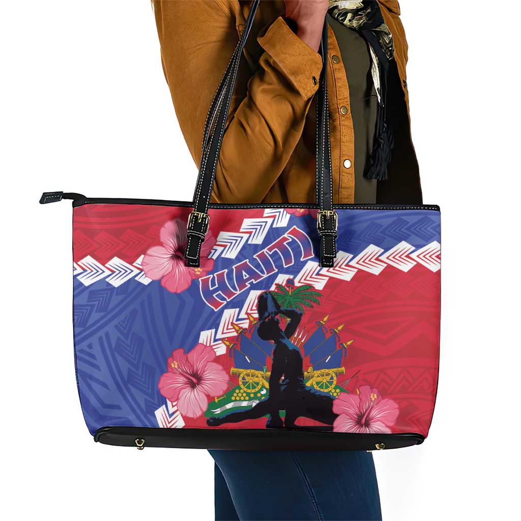 Haiti Neg Maron Leather Tote Bag Coat Of Arms - Hisbicus Polynesian